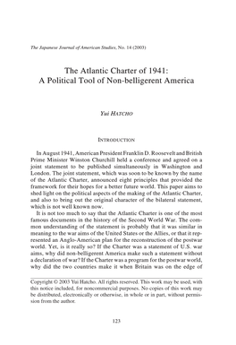 The Atlantic Charter of 1941: a Political Tool of Non-Belligerent America