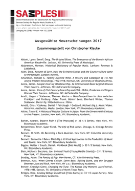 Ausgewählte Neuerscheinungen 2017 Zusammengestellt Von Christopher Klauke