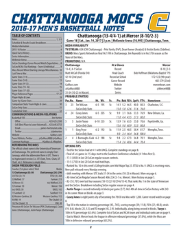 CHATTANOOGA MOCS 2016-17 MEN’S BASKETBALL NOTES TABLE of CONTENTS Chattanooga (13-4/4-1) at Mercer (8-10/2-3) Notes