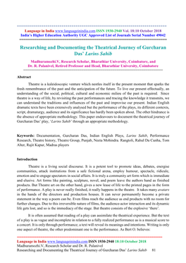 Researching and Documenting the Theatrical Journey of Gurcharan Das’ Larins Sahib Madhuramozhi.V, Research Scholar, Bharathiar University, Coimbatore, and Dr