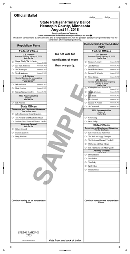 August 14, 2018 Hennepin County, Minnesota State Partisan Primary