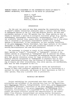 Working Towards an Assessment of the Conservation Status of Hawaii's Endemic Arthropods, with Emphasis on the Moths Or Lepidoptera