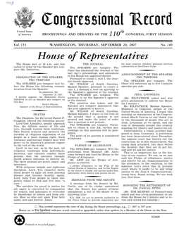 Congressional Record United States Th of America PROCEEDINGS and DEBATES of the 110 CONGRESS, FIRST SESSION