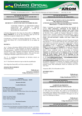 Rondônia , 03 De Dezembro De 2015 • Diário Oficial Dos Municípios Do Estado De Rondônia • ANO VII | Nº 1592