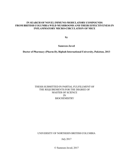 In Search of Novel Immuno-Modulatory Compounds from British Columbia Wild Mushrooms and Their Effectiveness in Inflammatory Micro-Circulation of Mice