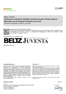 Erziehung Zur Gleichheit. Mathilde Franziska Annekes Töchter-Institut in Milwaukee Und Ihr Eintreten Für Rechte Der Frauen Zeitschrift Für Pädagogik 40 (1994) 6, S