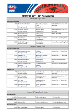 FIXTURES 20Th – 21St August 2016