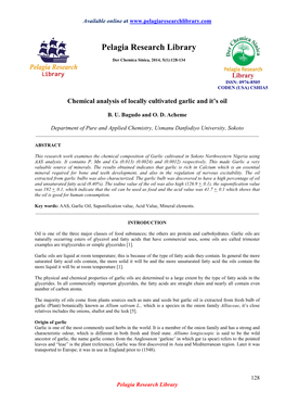 Chemical Analysis of Locally Cultivated Garlic and Itâ ? ?S