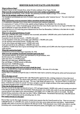 HOOVER DAM FAST FACTS and FIGURES Where Is Hoover Dam? in Black Canyon on the Colorado River, About 30 Miles Southeast Oflas Vegas, Nevada