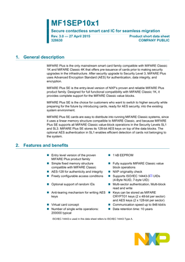 Mf1sep10x1 Secure Contactless Smart Card IC for Seamless Migration Rev