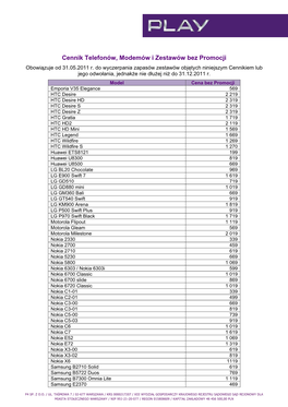 Cennik Telefonów, Modemów I Zestawów Bez Promocji
