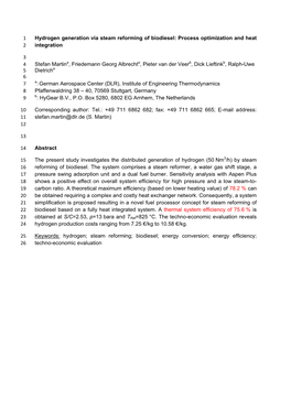 Hydrogen Generation Via Steam Reforming of Biodiesel: Process Optimization and Heat 2 Integration