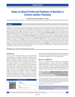 Study on Clinical Profile and Predictors of Mortality in Cerbera Odollam Poisoning