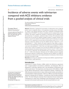 Incidence of Adverse Events with Telmisartan Compared with ACE Inhibitors: Evidence from a Pooled Analysis of Clinical Trials