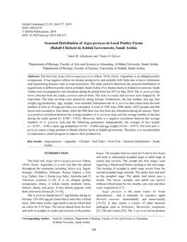 Seasonal Distribution of Argas Persicus in Local Poultry Farms (Baladi Chicken) in Jeddah Governorate, Saudi Arabia