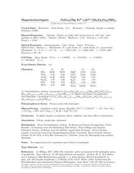 Magnesio-Hastingsite Naca2[(Mg; Fe )4Fe ](Si6al2)O22(OH)2 C 2001 Mineral Data Publishing, Version 1.2 ° Crystal Data: Monoclinic