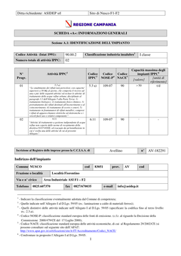 Ditta Richiedente: ASIDEP Srl Sito Di Nusco F1-F2 1 SCHEDA «A»: INFORMAZIONI GENERALI 90.00.2 I Classe 02 Avellino N° AV-1822