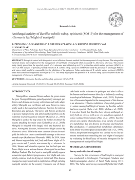 Antifungal Activity of Bacillus Subtilis Subsp. Spizizenii (MM19) for the Management of Alternaria Leaf Blight of Marigold