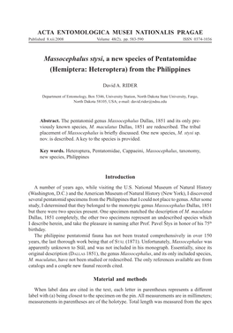 Massocephalus Stysi, a New Species of Pentatomidae (Hemiptera: Heteroptera) from the Philippines