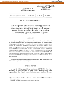 A New Species of Liolaemus Lacking Precloacal Pores in Males from the Andean South-Eastern Mountains of Mendoza Province, Argentina