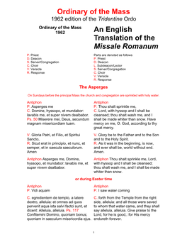 Ordinary of the Mass 1962 Edition of the Tridentine Ordo Ordinary of the Mass 1962 an English Translation of the Missale Romanum