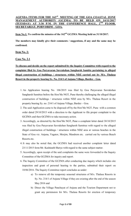 AGENDA ITEMS for the 163Rd MEETING of the GOA COASTAL ZONE MANAGEMENT AUTHORITY (GCZMA) to BE HELD on 14/11/2017 (TUESDAY) at 3:30 P.M