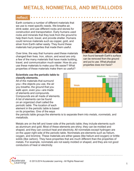 METALS, NONMETALS, and METALLOIDS Reﬂ Ect Earth Contains a Number of Different Materials That We Use to Meet Speciﬁ C Needs