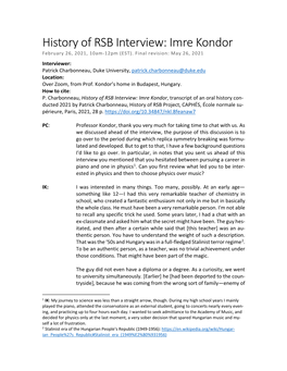 History of RSB Interview: Imre Kondor February 26, 2021, 10Am-12Pm (EST)