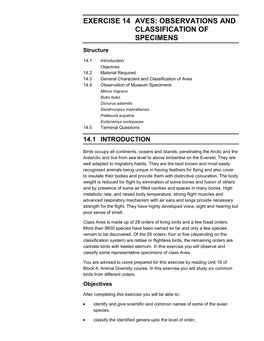 Exercise 14 Aves: Observations and Classification of Specimens