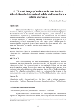 El “Ciclo Del Paraguay” En La Obra De Juan Bautista Alberdi. Derecho Internacional, Solidaridad Humanitaria Y Sistema Americano