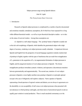 Subject Pronoun Usage Among Spanish Dialects John M. Lipski The