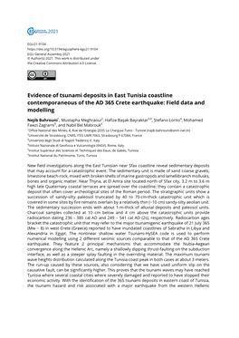 Evidence of Tsunami Deposits in East Tunisia Coastline Contemporaneous of the AD 365 Crete Earthquake: Field Data and Modelling