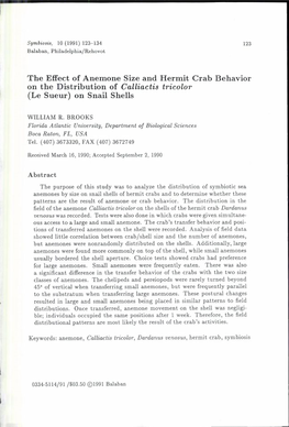 The Effect of Anemone Size and Hermit Crab Behavior on the Distribution of Calliactis Tricolor (Le Sueur) on Snail Shells