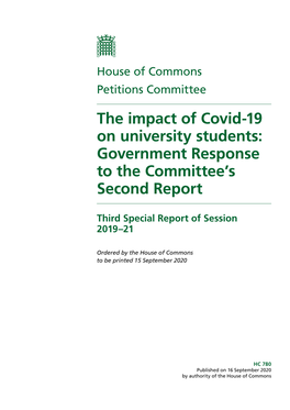 The Impact of Covid-19 on University Students: Government Response to the Committee’S Second Report