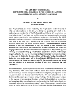 The Methodist Church Ghana Response to Media Discussions on the Decision on Same-Sex Marriages by the British Methodist Conference