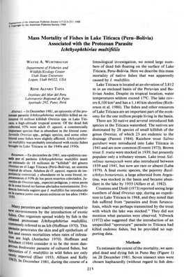 Mass Mortality of Fishes in Lake Titicaca (Peru-Bolivia) Associated with the Protozoan Parasite I Chthyophthirius Multifiliis