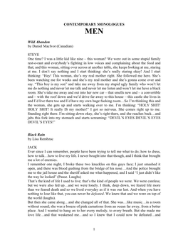 1 CONTEMPORARY MONOLOGUES Wild Abandon by Daniel Macivor (Canadian) STEVE One Time? I Was a Little Kid Like Nine – This Woman?
