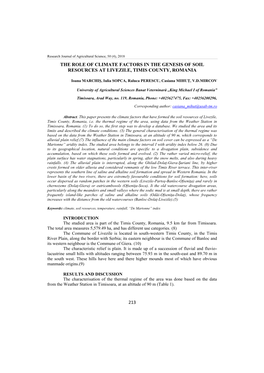 The Role of Climate Factors in the Genesis of Soil Resources at Livezile, Timis County, Romania