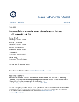 Bird Populations in Riparian Areas of Southeastern Arizona in 1985Â•Fi86 and 1994Â•Fi95