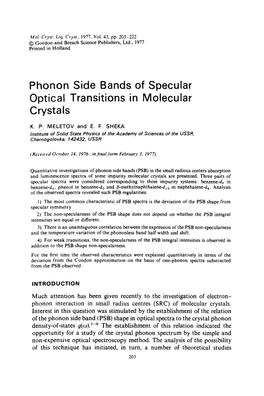 Phonon Side Bands of Specular Optical Transitions in Molecular