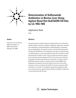 Determination of Sulfonamide Antibiotics in Bovine Liver Using Agilent Bond Elut Quechers EN Kits by LC/MS/MS