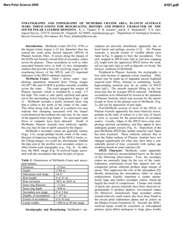 Stratigraphy and Topography of Mcmurdo Crater Area, Planum