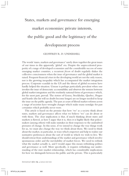 States, Markets and Governance for Emerging Market Economies: Private Interests, the Public Good and the Legitimacy of the Development Process