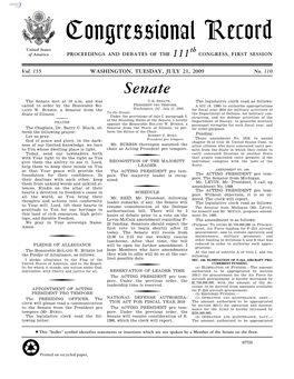 Congressional Record United States Th of America PROCEEDINGS and DEBATES of the 111 CONGRESS, FIRST SESSION