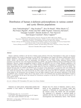 Distribution of Human H-Defensin Polymorphisms in Various Control and Cystic Fibrosis Populations