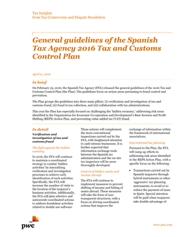 General Guidelines of the Spanish Tax Agency 2016 Tax and Customs Control Plan