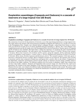 Zooplankton Assemblages Copepoda Cladocera Cascade Reservoirs Large