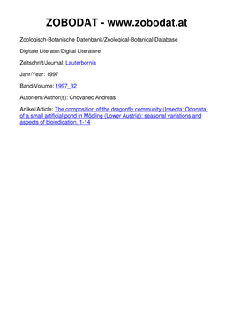 Insecta: Odonata) of a Small Artificial Pond in Mödling (Lower Austria): Seasonal Variations and Aspects of Bioindication