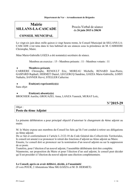 Mairie Procès-Verbal De Séance SILLANS-LA-CASCADE Du 26 Juin 2015 À 20H30