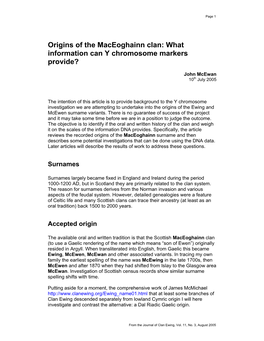 Origins of the Maceoghainn Clan: What Information Can Y Chromosome Markers Provide?